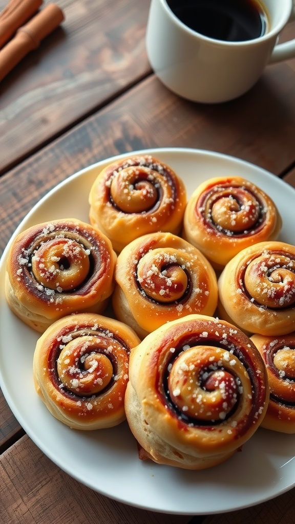A plate of golden-brown Swedish cinnamon buns with pearl sugar on top, sitting beside a cup of coffee.